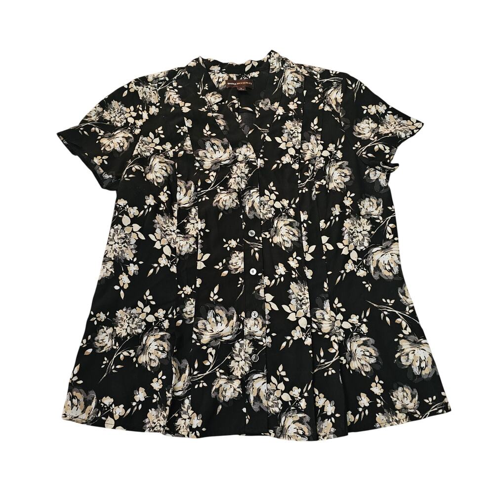 Dana Buchman Size L Womens Black Beige Floral Short Sleeve shirt blouse